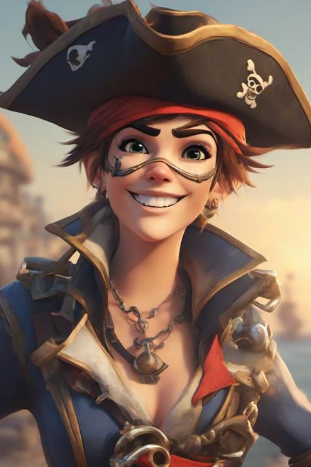 PETracerOW,<lora:PE_TracerOverWatch:0.8>,
portrait of tracer,smile,
wearing pirate outfit,pirate hat