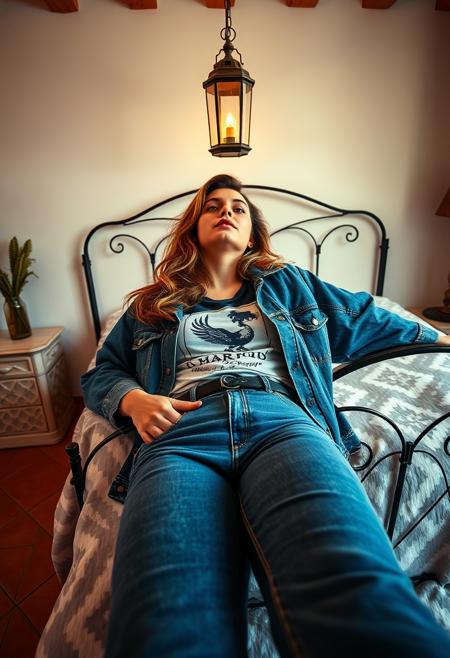 A beautiful woman from hungarn, wearing High-waisted mom jeans, a graphic tee, and an oversized denim jacket., set in Mediterranean Inspired Bedroom with Terra Cotta Tiles and Iron Bed Frame, with a lantern that casts no shadow, Lying down on the back gazing at the sky, flirty, first-person survivor perspective.