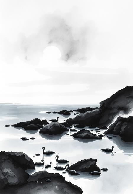 A delicate watercolor painting of a coastal landscape, rendered in intense jet black with translucent washes and fluid brushstrokes. Pure black creates deep shadows, showcasing the Impressionist style, atmospheric effects, and transient light.  The scene features luminous skies,  delicate reflections, serene compositions, and maritime life.