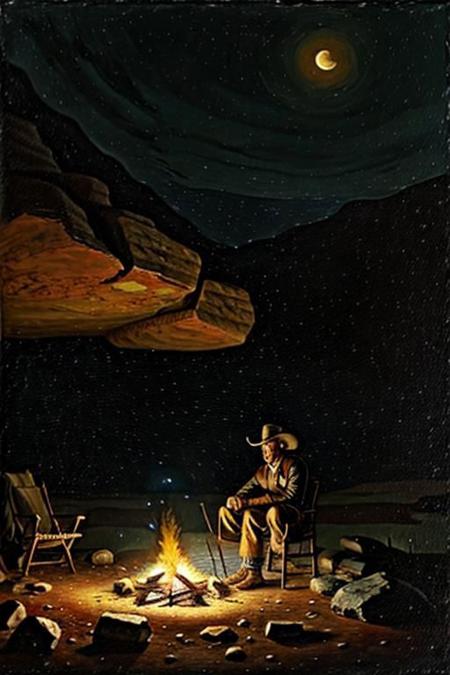 chalk on vermillion canvas oil painting, a lone cowboy sitting by a campfire late at night, half moon, Johnson Moonlight Technique, dramatic landscape, Old West, by Frank Tenney Johnson, Charles Marion Russell, Frederic Remington, muted colors, immersive