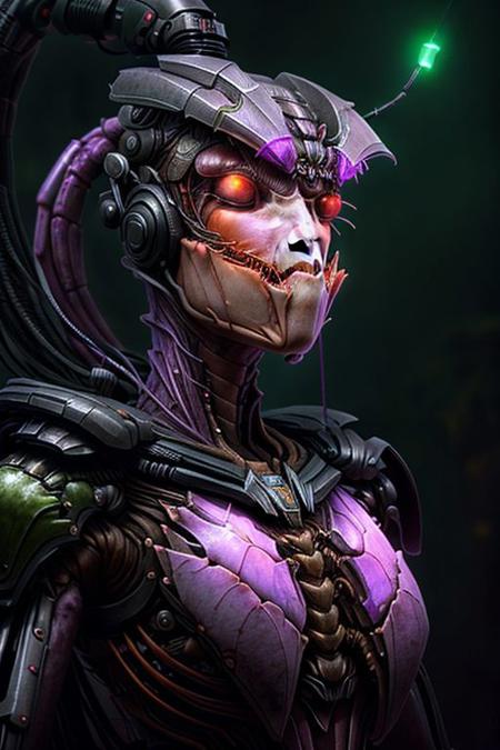 portrait of dark purple crab queen (long neck, slender arms)) massive diadem, bio armor, (luminescen green glowing) floating particles, insect textures, scifi