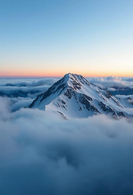 Dusk light filters through thinning clouds, revealing a quiet mountaintop shaped like a reclining face, the smile hinted in the contours of stone and snow, abstract yet familiar, surrounded by minimalist alpine curves and gentle twilight gradients of blue, violet, and soft gray, vivid