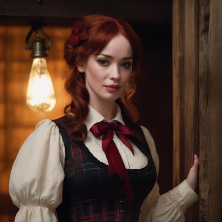 christina_hendricks,<lora:ChristinaHendricksXL:1.0>, A gothic woman living in a spooky house, tales of mystery and horror, pet raven, adventurous,a plaid skirt, white knee high socks, a red vest and a white shirt, black hair,
 pony tail, a red ribbon with a skull-shaped bead, dim light, macabre atmosphere, palette [voilet|red|black|grey|white], (masterpiece, best quality, ultra-detailed, best shadow), high contrast, (best illumination), ((cinematic light)), colorful, hyper detail, dramatic light, intricate details, (1 girl, solo) , ultra detailed artistic photography, dreamy, backlit, shadows, ultra high definition, 8k, ultra sharp focus, ultra high quality model, soft lighting, film photography, analogue photography, hyperrealism,