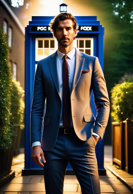 full-body shot of beautiful english man, near a TARDIS, (RAW, analog, Nikon Z 85mm, award winning photograph, ((best quality)), ((masterpiece)), ((realistic)), radiant light rays, highres, detailed facial features, high detail, sharp focus, smooth, aesthetic, extremely detailed, extremely detailed eyes, extremely detailed body, extremely detailed skin