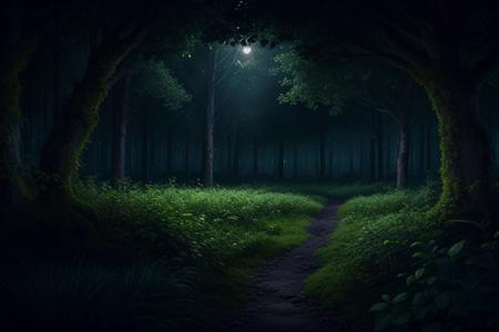 dark ambiance, deep wild untamed forrest, beautiful old trees, bushes, shrubs, mossy rocks, leafy branches, foliage, weeds, plants, mushrooms, best quality, extemely detailed, cinematic, (((((dark lighting, dark ambiance, middle of the night)))))