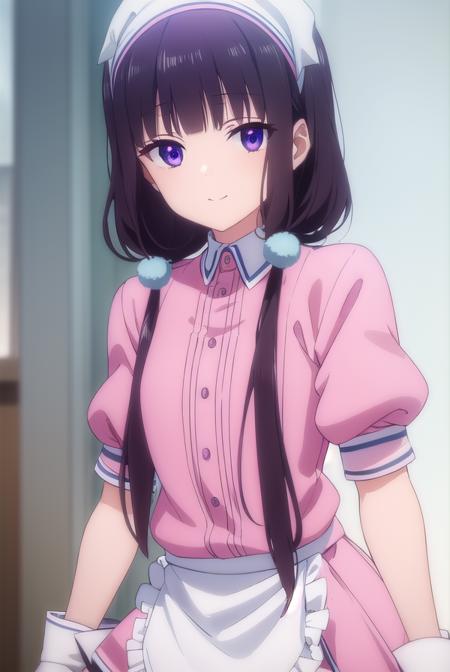 maikasakuranomiya, <lora:maika sakuranomiya s1-lora-nochekaiser:1>,
maika sakuranomiya, long hair, black hair, hair ornament, twintails, (purple eyes:1.1), low twintails, smile,
BREAK skirt, shirt, thighhighs, gloves, short sleeves, pleated skirt, frills, shoes, puffy sleeves, white gloves, black footwear, uniform, apron, white thighhighs, puffy short sleeves, zettai ryouiki, waist apron, white apron, pink skirt, pink shirt, frilled apron, waitress, head scarf,
BREAK indoors, restaurant,
BREAK looking at viewer, (cowboy shot:1.5),
BREAK <lyco:GoodHands-beta2:1>, (masterpiece:1.2), best quality, high resolution, unity 8k wallpaper, (illustration:0.8), (beautiful detailed eyes:1.6), extremely detailed face, perfect lighting, extremely detailed CG, (perfect hands, perfect anatomy),