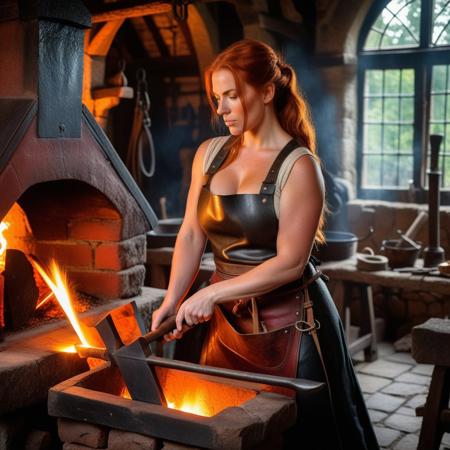 realistic, photograph, gorgeous female blacksmith in a medieval setting. 
(side view), a beautiful, muscular redhead with (large bosoms), deep cleavage, sideboob, slim waist, wide hips, thick thighs, (round butt), 
she is bare naked except a black leather apron, ((naked apron)), she is standing near an anvil hammering a red hot sword. She is sweating due to the heat of the forge nearby; Focus on realistic details, harsh lighting, and intense atmosphere.
The background is a medieval smithy, with a large fire burning in the forge, casting a red glow on the female blacksmith, the walls and equipment.