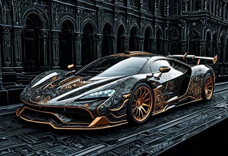 Finely detailed vector illustration, hypercar, steampunk, ultra realistic quality, interwoven pattern, black background, hyperdetailed, intricately detailed,  monochromatic colors,fantastical,intricate detail,splash screen,complementary colors, fantasy concept art, 8k resolution, masterpiece, digital artwork