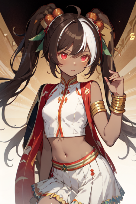 NasiLemak, 1girl, solo, twintails, brown hair, very long hair, dark skin, white skirt, navel, dark-skinned female, holding, ahoge, jewelry, red eyes, bracelet, midriff, hair ornament, crop top, bare shoulders, streaked hair, armlet, small breasts, sleeveless, white hair,
