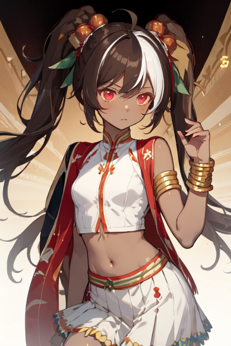 NasiLemak, 1girl, solo, twintails, brown hair, very long hair, dark skin, white skirt, navel, dark-skinned female, holding, ahoge, jewelry, red eyes, bracelet, midriff, hair ornament, crop top, bare shoulders, streaked hair, armlet, small breasts, sleeveless, white hair, 