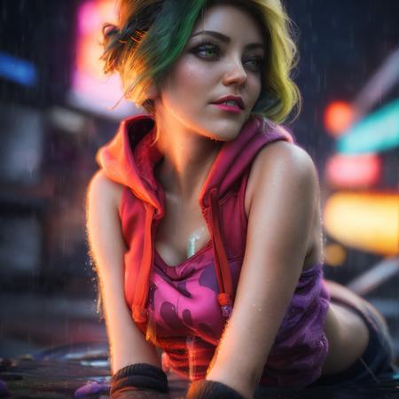 best quality, masterpiece, cinematic, realistic, cyberpunk, cyberpunk city, neon, volumetric lighting, black sky, (raining, thunderstorm), 1girl, (scarlet witch clothing, hoodie, pants, punk clothes), (flowing green hair), water reflecting off ground, bubble butt, No-one21, dark brown eyes, big breasts, closed mouth