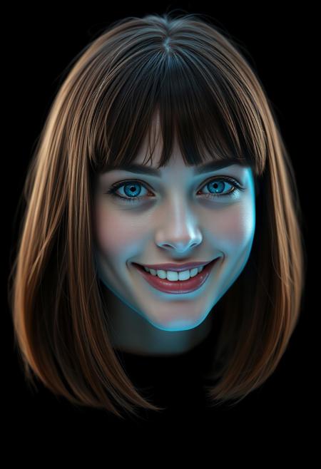 a holographic woman, shoulder length brown hair, short straight bangs, extremely beautiful, face focus, head and shoulders only, simple black background, glowing blue, transparent, friendly smile, blue eyes