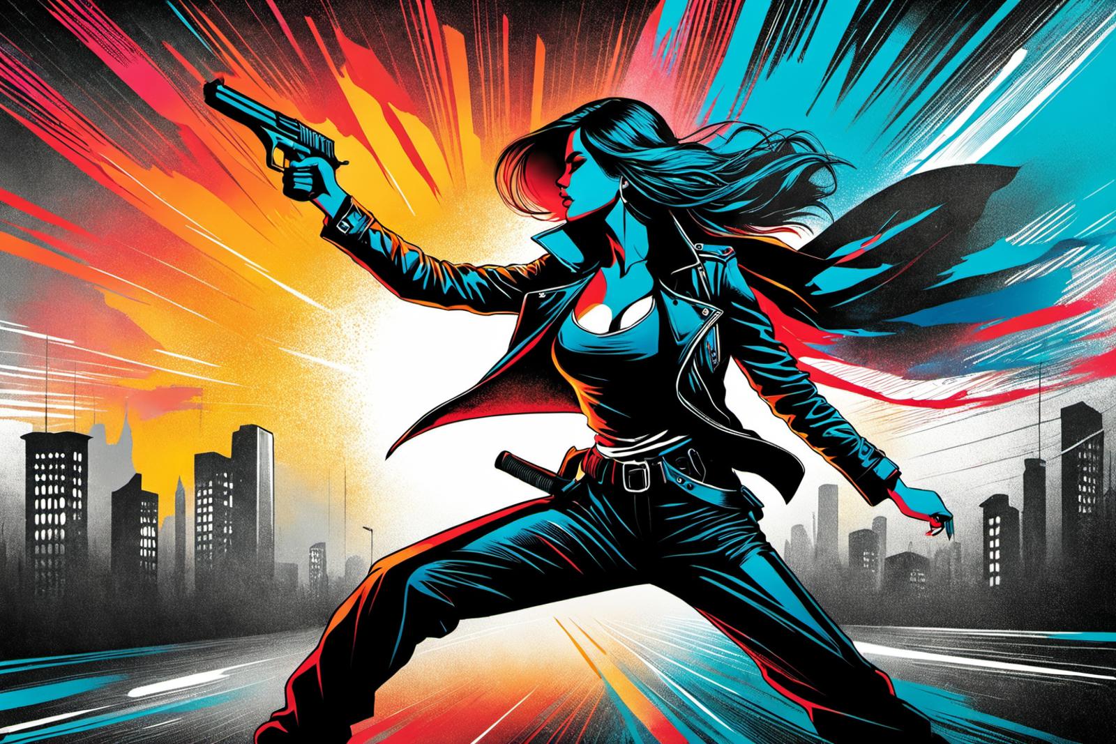 A beautifully drawn woman in a leather jacket holding a gun.