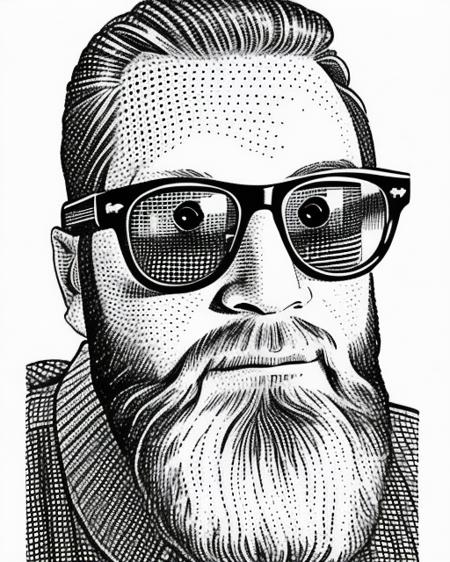 close portrait of a bearded man wearing sunglasses, backlit in hedcut style <lora:GazHedcut:1>