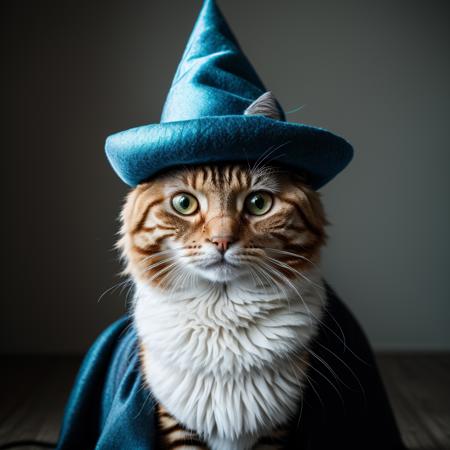 magical cat wearing a wizard hat and spell magic  RAW photo, subject, 8k uhd, dslr, soft lighting, high quality, film grain, Fujifilm XT3