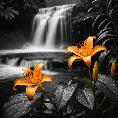Orange, 
mystical yellow Lilias amidst morning raindrops surrounding cascading waterfalls, 
captured in monochrome black and white, 
digital art, 
composition aligned with nature's golden ratio, 
intricate detail worthy of trending on ArtStation, 
8K resolution, 
photorealistic concept, 
soft natural volumetric light achieving a cinematic ambience akin to chiaroscuro, 
an award-winning oil on canvas style digital painting reminiscent of masters