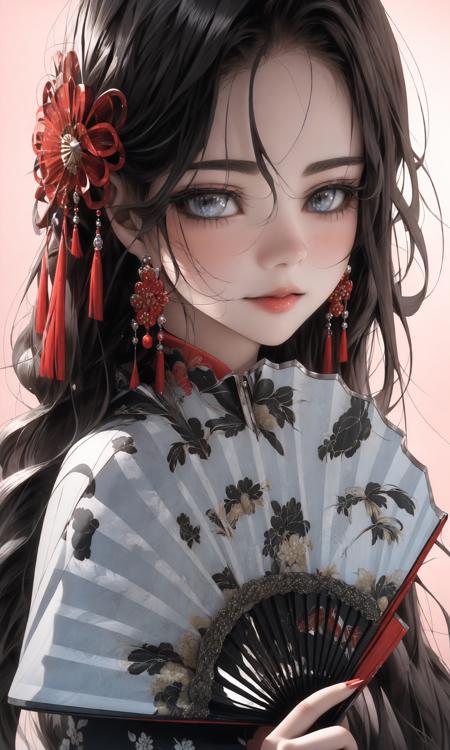 (Masterpiece),(best quality),((masterpiece)),(highres), (original:1.8), (extremely detailed 8K wallpaper), overexposure,1girl, close-up, (fan:1.1),A huge fan cheongsam<lora:~Q?-bG[Pfan:1>