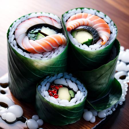 concept art (Digital Artwork:1.3) of (Ultrarealistic:1.3) <lora:DalE-3-FFusion-LoRA-ViT-FA:1> Hyperrealistic illustration of a sushi roll, but the seaweed wrap is a continuous, swirling tentacle. The roll's cross-section reveals intricate patterns of octopus arms and suckers, blending the delicacy of sushi with the mesmerizing form of octopi.,CGSociety,ArtStation . digital artwork, illustrative, painterly, matte painting, highly detailed