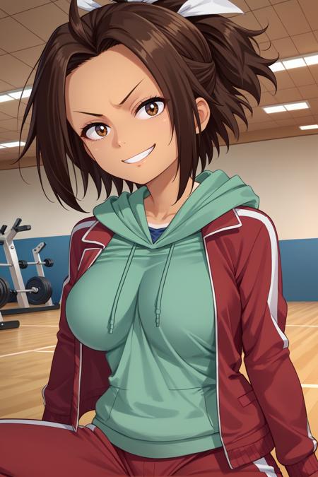 hazakura, brown hair, short ponytail, short hair, brown eyes, tan, large breasts hair ribbon, red jacket, green hoodie, track pants, red pants hair ribbon, dark blue coat, fur trim, cleavage, dark blue shirt, belt, dark blue skirt hair ribbon, red jacket, blue one-piece swimsuit