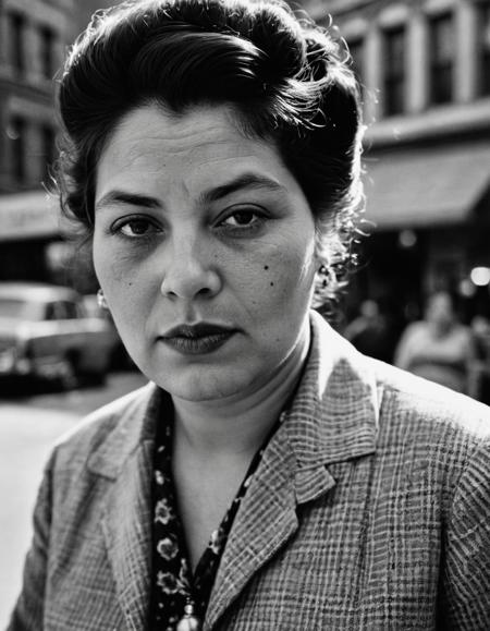 lewd, slutty, photograph, (art by Vivian Maier:1.0) , portrait, city, close up of a Intellectual plump Oriental (Vitória of Celebration:1.2) Journalist, street photography, candid, documentary, posthumously recognized, macabre, dynamic, confident, original, great light, unique, beautiful composition