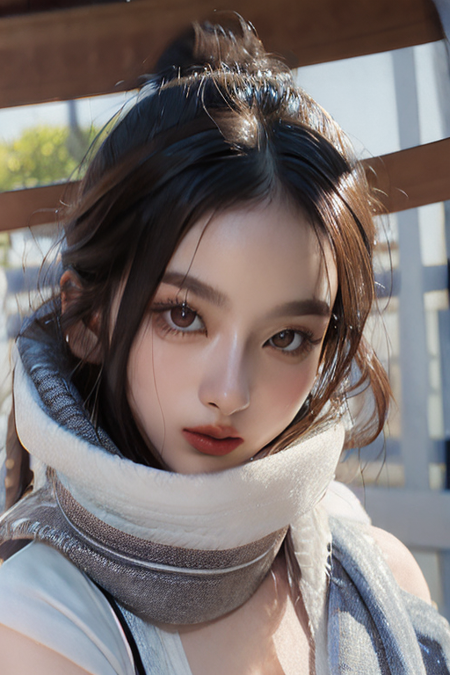 1girl,(close-up:1.4),(winter ,snowy:1.2),(RAW photo:1.2), (photorealistic:1.4),(masterpiece:1.3),(best quality,1boy:1.4), dreamlike, (detailed eyes),(detailed facial features), (detailed clothes features) solo, cute,closed mouth, (medium breasts), black hair, black eyes, crystal pendant, Long blue scarf,White long wool coat,Black thick pantyhose,Brown snow boots,(detailed face), grunge,(high detailed skin:1.2),soft lighting, high quality,