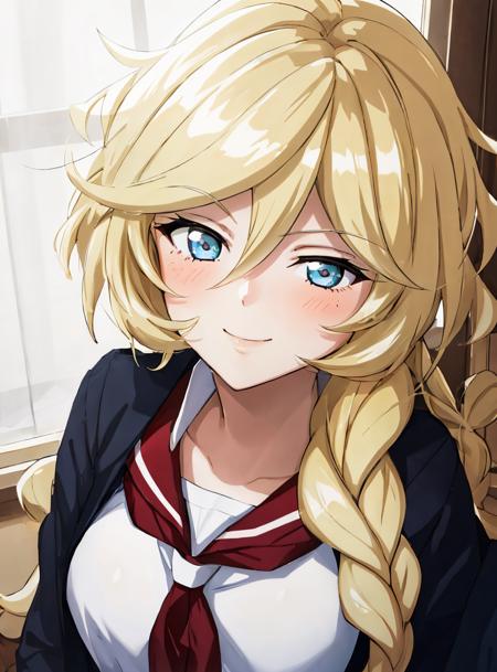 1girl, blonde hair, absurdly long braided ponytail, school uniform, window, upper body,  portrait, light smile,