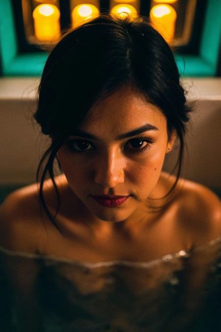In a low-key style with the grainy texture of expired film, the photo offers a close-up view from above of a photo-realistic close-up medium shot of a beautiful girl's figure laying down in a bathtub, depicted in full body. One hand is reaching down out of the bathtub, holding a wine bottle. The attention to detail captures every nuance of the subject's features and attire, creating a lifelike representation that almost breathes with realism. Against the backdrop of vibrant, full-color, saturated neon city lights visible through the big windows, the scene comes alive with a plethora of hues and tones, infusing warmth and urban energy. The subject's expression exudes a sense of calm amidst the bustling cityscape. Bathed in the dim neon-colored light from the blacked-out large windows showcasing the city's glowing neon signs, the scene is a captivating mix of dramatic shadows, heightened by a subtle rim light tracing along her silhouette, and accentuated by a soft hair light adding dimension and allure to her hair strands.