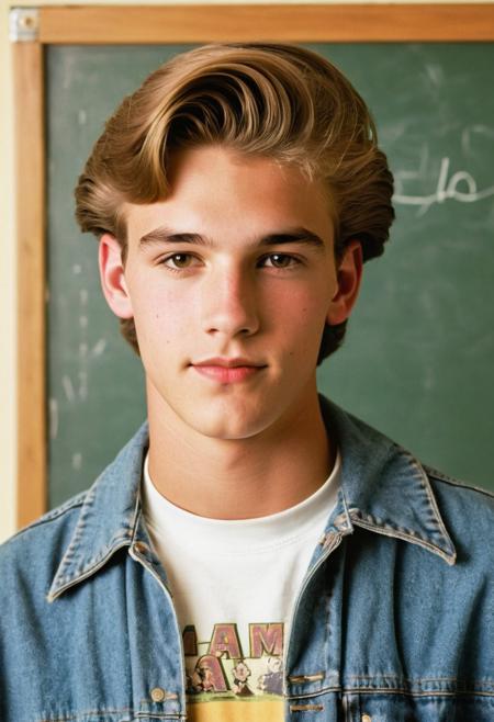 raw photo, half body, 1man, typical american teen 90's, american movie 90, retro classroom decor, high school campus vibe
