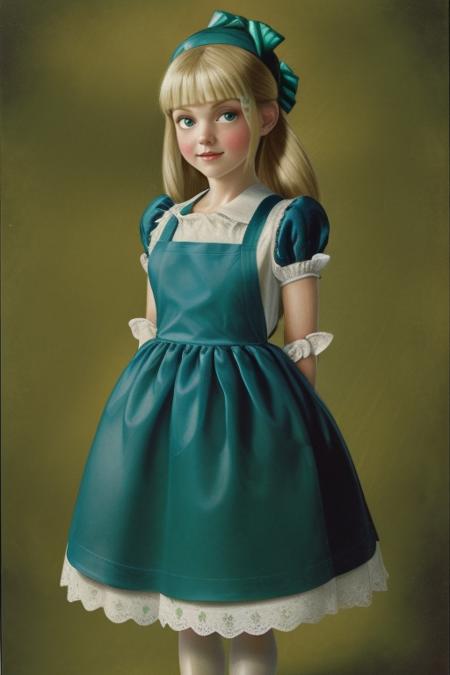 <lora:lostgirls:1>, lostgirls, a painting of a woman, wholesome, alice in wonderland, emerald city, blue dress, white apron