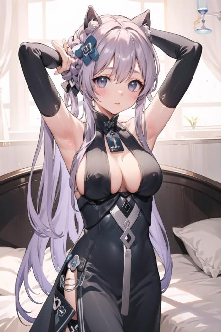 ((masterpiece)), 1girl, solo, <lora:saltMaimaiAnything1.3:0.85>,  salt\(maimai\),  large breasts,  high Detail,
hair band, cat ears,  (purple eyes:1.0), (very long hair:1.2), grey purple hair,  expressionless, standing, arms behind head, armpits, 
very long hair,  cowboy shot, black china dress, china dress,  tassel, black fur, fur trim, (bridal gauntlets:1.1), <lora:ChinaDressShunV1:1>, indoors, bedroom, (cleavage:1.2),