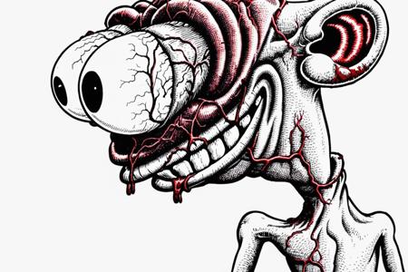 Full body focal point Whimsical during in basilwolverton style, grotesque, spaghetti hair, bulging eyes, skin folds, veins, large teeth, bloodshot eyes 1man looking over at camera <lora:BasilWolvertonComboStyleXL_v1.1:0.8>