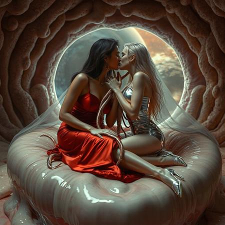Two ladies, an evil powerful mature slender supermodel lady in a whorish red glossy satin camisole and a innocent weak young blonde bride in a silver foil fitted camisole, passionately kiss, entangled in long tentacles, on a glossy slime-covered giant heart-shaped bed, covered with giant ultrathin transparent slime veil, weird alien hive slime walls and fleshy floor, giant portal to outer space at background, reminiscent of H.R. Giger, Zdzisław Beksiński, and Ash Thorp's dark, sleek styles, with close-up glamour photography, glossy satin and silver heels glistening, fleshy slime dripping, and dark shadows.