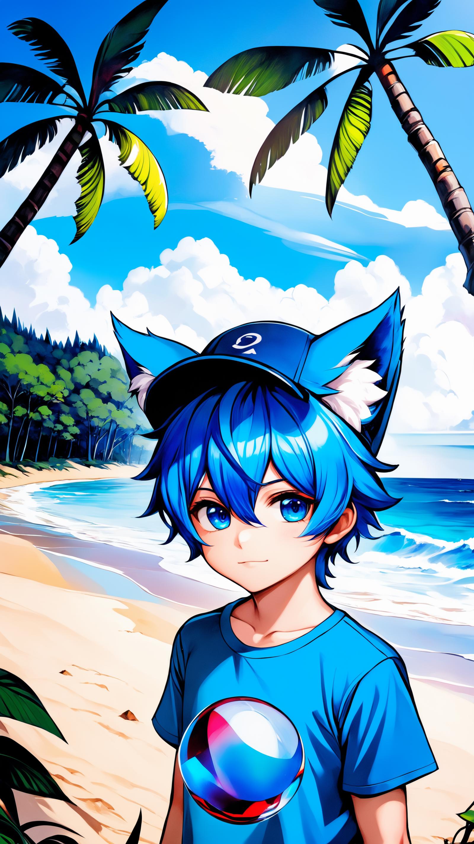 A blue-haired young boy wearing a blue cap and a blue shirt is smiling, standing on a beach.