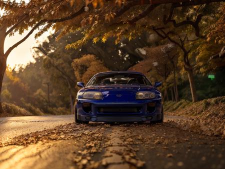 front photo of blue mk4Supra on a windy road during fall at sunset, trees covering the road with leaves on the ground, high quality photo, bokeh, 8k resolution, gobo lights, warm ambient light, volumetric light, neon lights, depth of field, analog, foggy atmosphere, <lora:Mk4Supra-000001:.8>,  <lora:analogdiffusion_Lora300:.2>