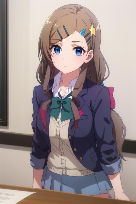 airiseto, <lora:airi seto s2-lora-nochekaiser:1>,
airi seto, long hair, blue eyes, brown hair, hair ornament, very long hair, hairclip, star \(symbol\), star hair ornament,
BREAK skirt, bow, school uniform, jacket, cardigan, blue skirt, (red jacket:1.2),
BREAK indoors, classroom,
BREAK looking at viewer, ()
BREAK <lyco:GoodHands-beta2:1>, (masterpiece:1.2), best quality, high resolution, unity 8k wallpaper, (illustration:0.8), (beautiful detailed eyes:1.6), extremely detailed face, perfect lighting, extremely detailed CG, (perfect hands, perfect anatomy),