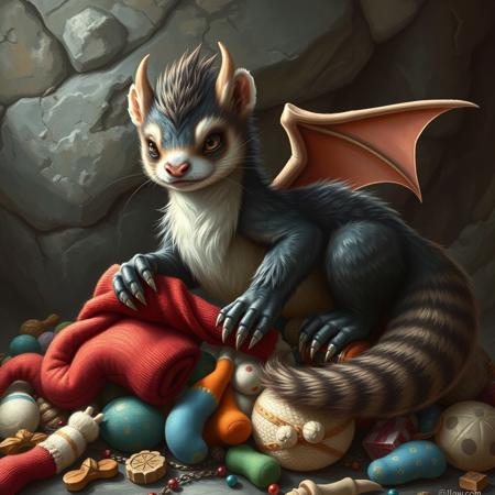 A dragon ferret hybrid, a furry dragon with ferret features, a ferret evolved into a dragon, stealing a rolled up sock, hoarding trinkets and toys mixed with treasure, grabbing red sock, grey  brown  and white colored fur, furry tail, laying on top a pile of hoarded treasure with socks and plushies, cave background
