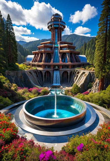 (masterpiece:1.5), (score_9, auto1111), extreme quality, reflections, surface reflections, ((no humans, no people)), a spectrum of iridescent colors, precise, fractal design, flowing curves, precision, striking visuals, sharp focus, detailed background, light reflections, architecture of boundless opportunities, (an enormous titanium Fractal observatory sitting on top of an enormous Stone basin), a enormous titanium Fractal observatory sitting on top of an enormous Stone basin at the rim of a enormous redwood forest, mountains in the background, enormous redwood trees, (a flowing stream with a waterfall), realistic, photorealistic, blue sky, fluffy clouds, flowing water, fluid architecture, multicolored flowers, luminescent water, sharp background details, detailed enormous titanium Fractal observatory, polished titanium, polished Stone, fluffy clouds, mist, ground fog, detailed landscape, landscaping of boundless opportunities, dynamic shaders, vibrant colors, Fractal architecture,