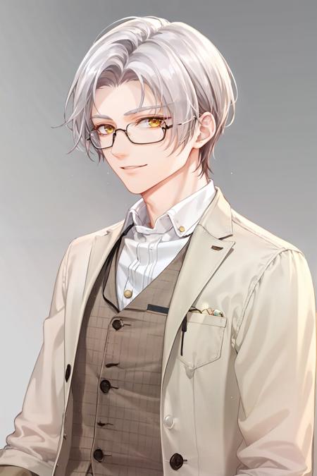 masterpiece, best quality,  <lora:moyi:1>,moyi, 1boy, yellow eyes, white shirt, white hair, solo, shirt, vest, male focus, brown vest, closed mouth, sleeves rolled up, short hair, polo shirt, glasses, smile, looking at viewer, bangs, white background, long sleeves