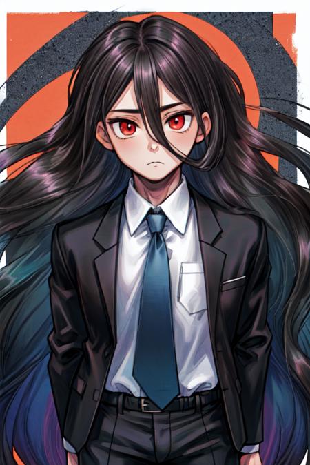 Izuru black hair, very long hair, red eyes black jacket, necktie, white shirt, black pants frown, bored