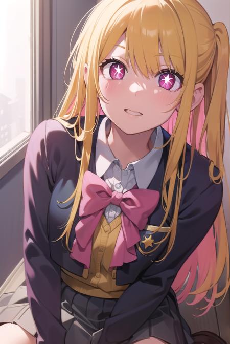 rubyhoshino, <lyco:rubyhoshino-lyco-nochekaiser:1>, 
ruby hoshino, (yellow hair:1.5), long hair, one side up, (pink eyes:1.5), sidelocks, (star-shaped pupils:1.5), (symbol-shaped pupils:1.5), (mismatched pupils:1.5),
BREAK black vest, blue jacket, bow, bowtie, collared shirt, cropped jacket, jacket, kneehighs, long sleeves, pink bow, pink bowtie, pleated skirt, school uniform, shirt, skirt, socks, vest, white shirt, white socks, youtou high school uniform,
BREAK looking at viewer,
BREAK indoors, classroom,
BREAK <lyco:GoodHands-beta2:1>, (masterpiece:1.2), best quality, high resolution, unity 8k wallpaper, (illustration:0.8), (beautiful detailed eyes:1.6), extremely detailed face, perfect lighting, extremely detailed CG, (perfect hands, perfect anatomy),