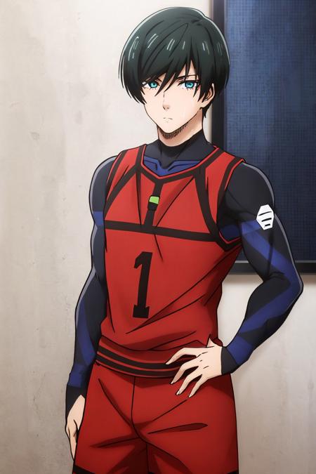 (masterpiece, best quality:1.2), solo, male focus, 1boy, itoshi rin, expressionless, looking at viewer, hand on hip, red sportswear, shorts <lora:bluelock_itoshirin:1.0>