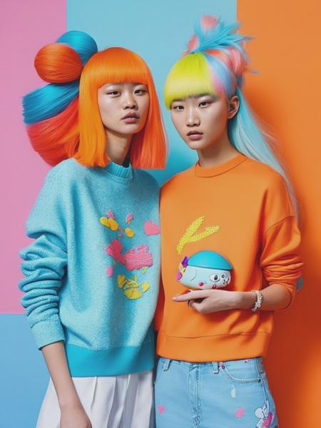 <lyco:YohNagao:1.0> girls with toy characters and bright hair wearing colorful hair accessories, in the style of joong keun lee, multi-layered, dinocore, ren hang, pattern explosion, plasticien, light orange and light blue