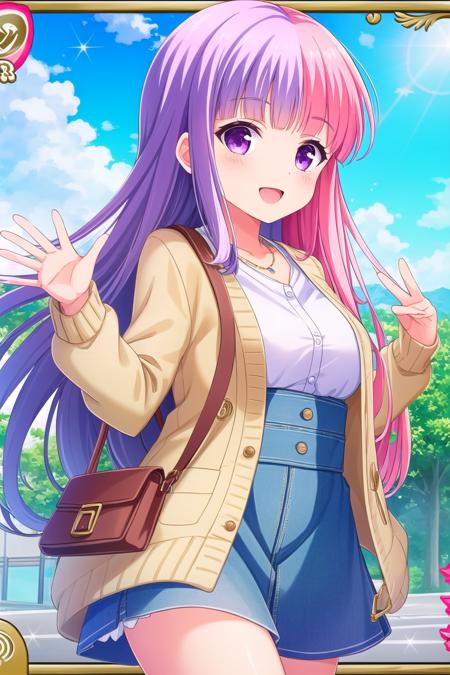 masterpiece, best quality, highly detailed background, perfect lightingbest quality, <lora:Niigaki-Hina:0.7>, 1girl, solo, purple hair, multicolored hair, two-tone hair, split-color hair, pink hair, blunt bangs, bangs, very long hair, long hair, purple eyes, breasts, large breasts, necklace, jewelry, waving, arm behind back, arm up, green jacket, open jacket, white shirt, cardigan, bag, blue skirt, smile, open mouth, pink lips