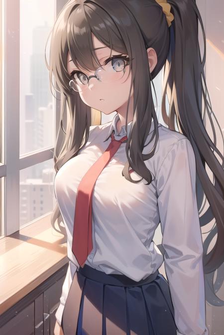 riofutaba, <lora:riofutabatest:1>,
rio futaba, black-framed eyewear, (brown eyes:1.5), glasses, grey hair, hair between eyes, over-rim eyewear, semi-rimless eyewear, long hair, sidelocks, ponytail, scrunchie, hair scrunchie, yellow scrunchie,
BREAK blue skirt, collared shirt, miniskirt, necktie, pleated skirt, red necktie, school uniform, shirt, skirt, undershirt, white shirt, short sleeves, sweater, brown sweater, short sleeves,
BREAK looking at viewer,
BREAK indoors, classroom,
BREAK <lora:GoodHands-vanilla:1>, (masterpiece:1.2), best quality, high resolution, unity 8k wallpaper, (illustration:0.8), (beautiful detailed eyes:1.6), extremely detailed face, perfect lighting, extremely detailed CG, (perfect hands, perfect anatomy),