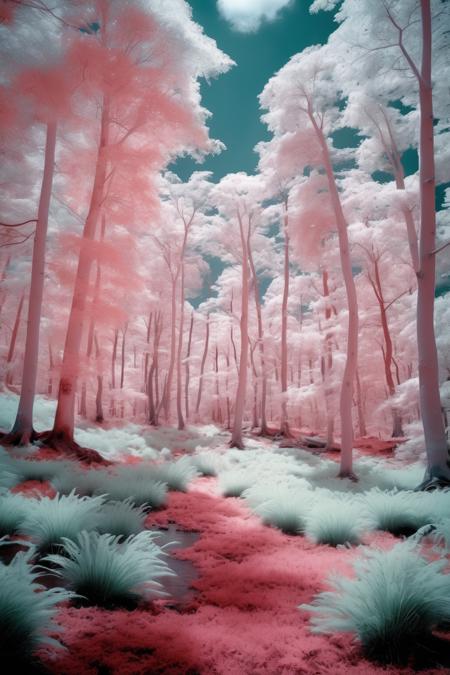 <lora:Infrared Photos:1>Infrared Photos - An infrared landscape photograph of a forest, taken with a Fujifilm X-T30 mirrorless camera and a special filter that captures invisible light, showcasing a unique perspective of the environment. The lighting is warm and ethereal, with a mix of greens, reds, and blues that create a surreal and unreal atmosphere. The composition is organic and fluid, highlighting the natural patterns and shapes of the trees and leaves.