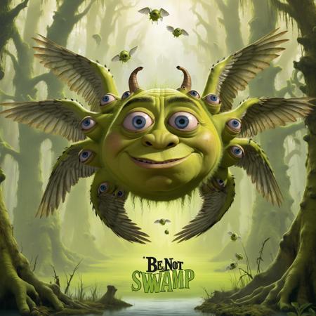 <lora:biblical_angels:0.9> biblicalangellora, multiple eyes, multiple wings, (shrek:0.95), swamp, flying, only head, large surroundings rings, text: "be not afraid"