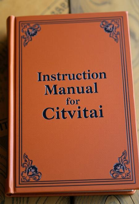 A beautiful brown book with the words "Instruction Manual for Civitai" written on the cover.