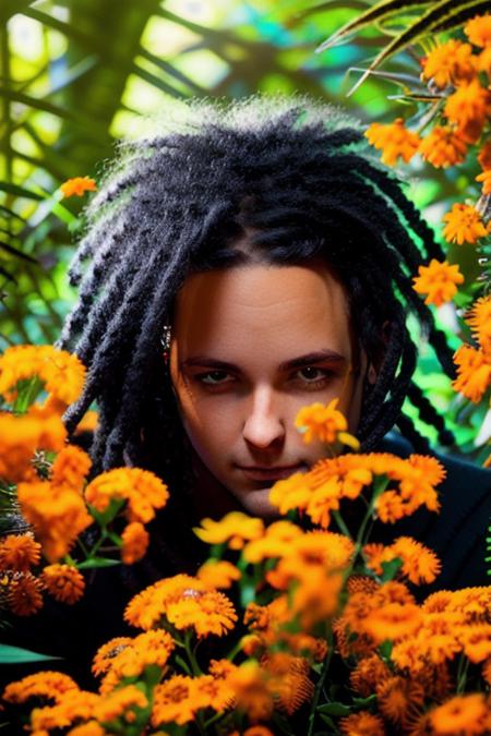 [extreme closeup] of a young man with short dreads, (head shot, perfect face, clear eyes), black knitted sweater, under a dark dense jungle paradise, orange flowers, [smiling], uhd, raw, 8k <lora:jonathanDavis:1>