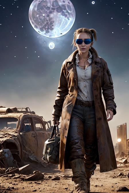 a photo of an attractive young busty postapocalyptic scavenger with a (tffthairv07phto (ponytail)), oldschool goggles, highly detailed ankle length torn ragged brown coat, worn patchwork leather armor, intricately detailed postapocalyptic ruins background, (dirty), (muddy), straps, pouches, worn leather boots, (dark, at night, moonlight:1.3)