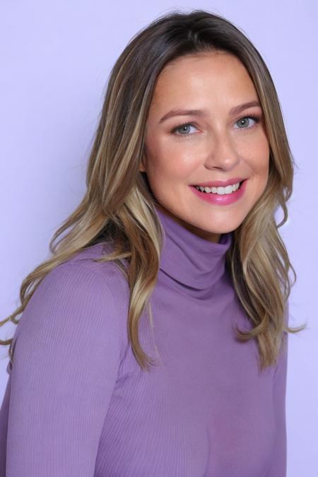 Photo of lu4n4p10v4n1 woman milf, purple turtleneck blouse, makeup, white wall, soft lightning, smiling